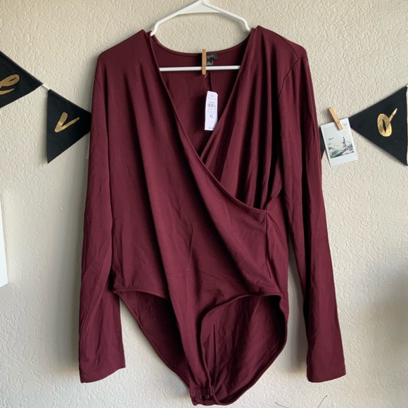 WRAP BODYSUIT Red Long Sleeve Ann Taylor XL - Picture 2 of 6